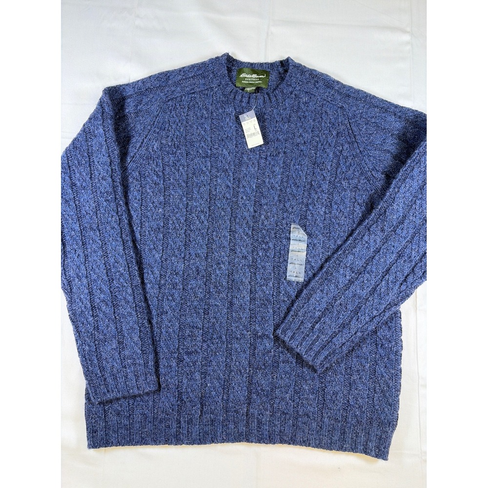 VNTG 90's NWT Eddie Bauer Heritage Mens Blue Cable Knit Wool Sweater Large Tall